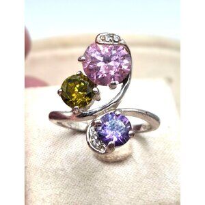 Vintage Cubic Zirconia Silver Tone  Three Stone Statement Ring - Purple, Pink, G